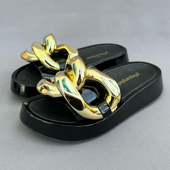 JEFFREY CAMPBELL Epirus Slide Sandal in Black Patent Gold 6 US Size NEW - Picture 1 of 14
